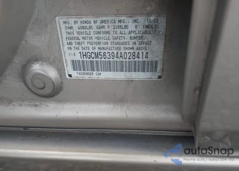 2004 Honda Accord 2.4 Lx z USA, uszkodzony, nr VIN 1HGCM56394A028414